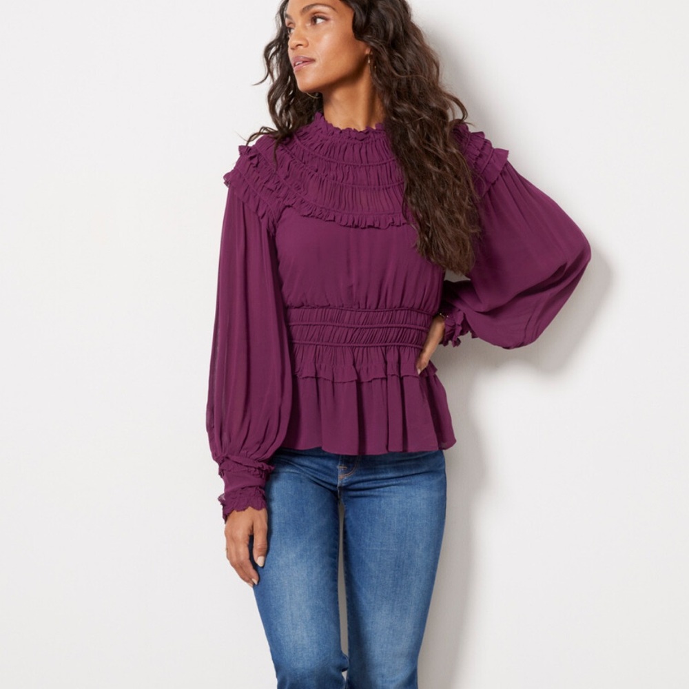 Farm Rio Ruffle High Neck Blouse Burgundy NWOT - Picture 4 of 6